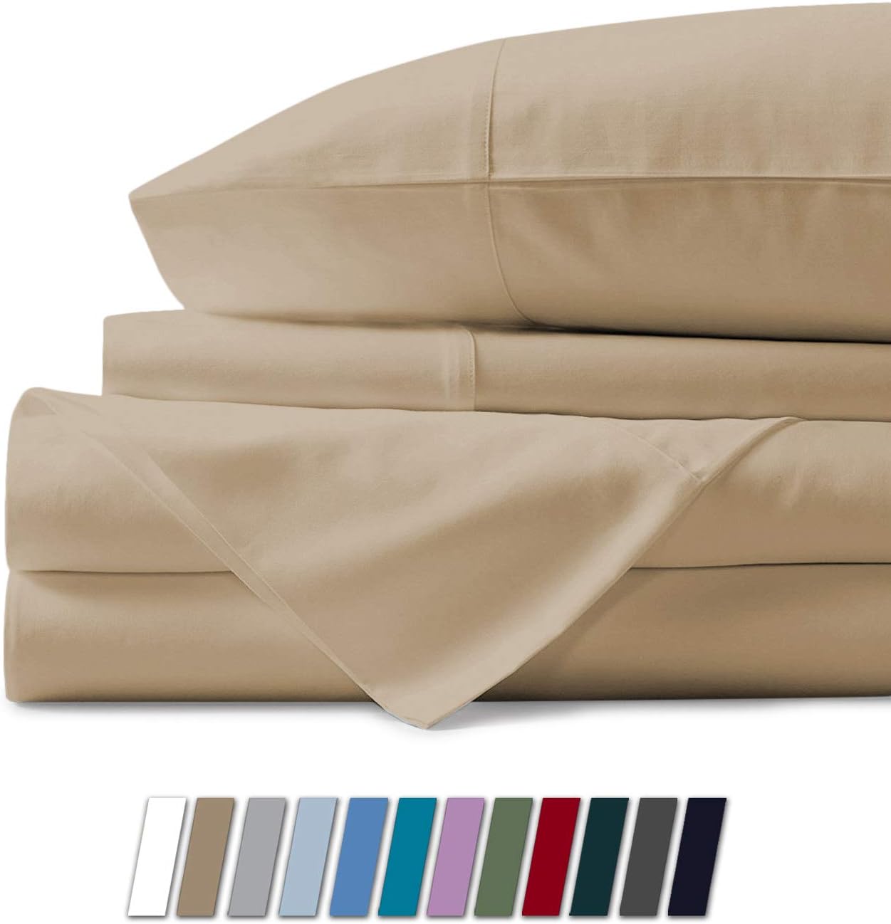 Mayfair Linen100% Cotton Sheets for Queen Size Bed - Luxury 500 Thread Count Queen Sheet Set, 4 Piece Sateen Weave Queen Sand Cotton Sheets, Ultra Soft Deep Pocket Cooling Sheets Queen Size