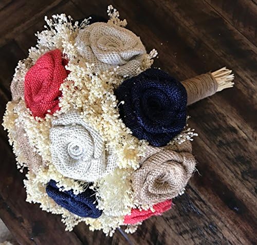 Burlap Bridal Bouquet in Coral, Navy, Natural, Ivory 17 Flower Bouquet - 8-8.5'' inches 1 bouquet per quantity
