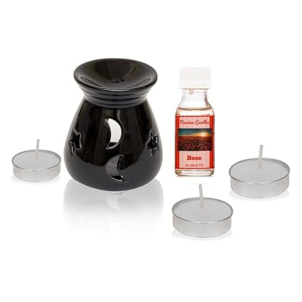Maxime Candles Rose Scented Ceramic Aroma Oil Diffuser and Tealight Candles (25ml, 13 cm x 9 cm x 11 cm, Black)