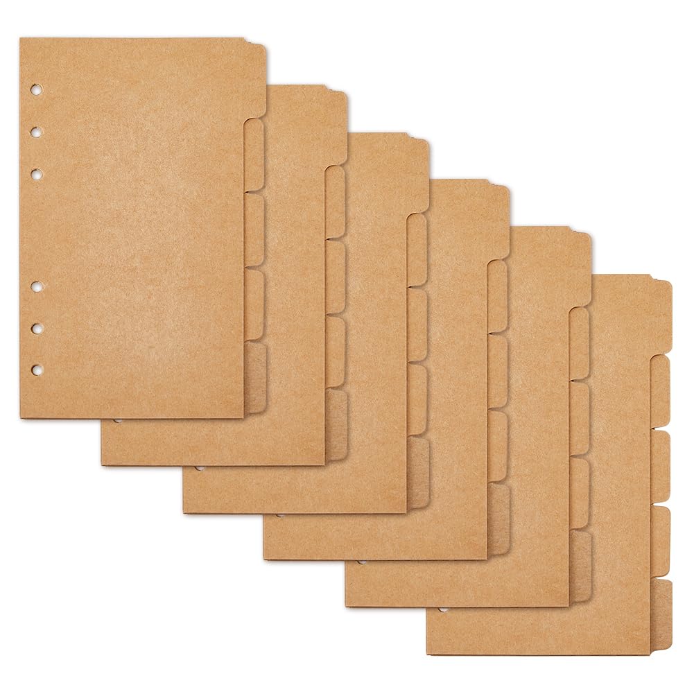 SUPERFINDINGS 30 Sheets 5-Tab Binder Dividers A6 Kraft Paper 6-Hole Binder Dividers 17.3x10.4cm A6 Notebook Index Dividers with Tabs Burlywood 6 Holes Ring Index Page