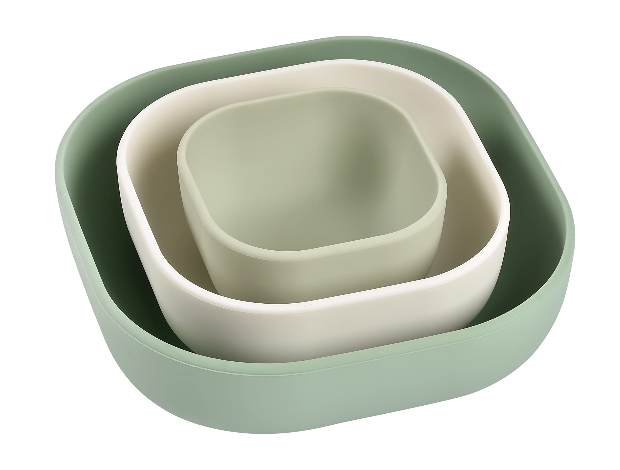 BEABA, Set of 3 Stackable Silicone Bowls, Baby Meal Set, Childrens Silicone Dinnerware Set, Nestable, Evolutive, Ergonomic, Healthy Silicone Material, Durable (Sage Green/Cotton/Misty Green)