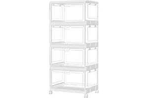 YFXCVSL 4 Tier Plastic Storage Bins with Lid 23QT, Stackable Storage Containers with Wheels, Folding Storage Boxes, Collapsible Storage Bins, Closet Organizers and Storage for Living Room,Office, Clear