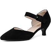 RIBONGZ Comfortable Kitten Heels for Women Pointed Closed Toe Ankle Strap Buckle Heels Slip on Low Heel Church Pumps Wedding Bridal Party Dressy Shoes