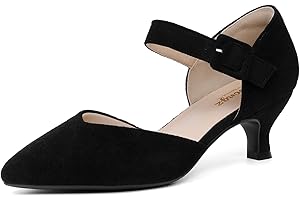 RIBONGZ Comfortable Kitten Heels for Women Pointed Closed Toe Ankle Strap Buckle Heels Slip on Low Heel Church Pumps Wedding Bridal Party Dressy Shoes