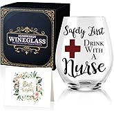 AGMDESIGN Safety First Drink With A Nurse Wine Glass With Gift Box, Funny Nurse Gifts For Nurses, Doctor, Dentist, Nursing Student, Physician, Practitioner, Coworker, Nurses Day Nurse Graduation Gifts