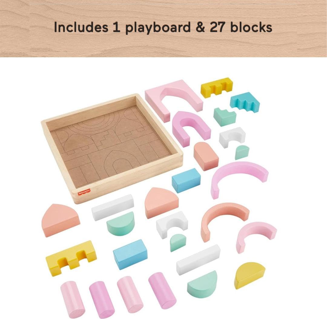 Fisher-Price Wood Toddler Toy Castle Block Set, 28 Wooden Pieces for Stacking Developmental Play Preschool Kids Ages 2+ Years