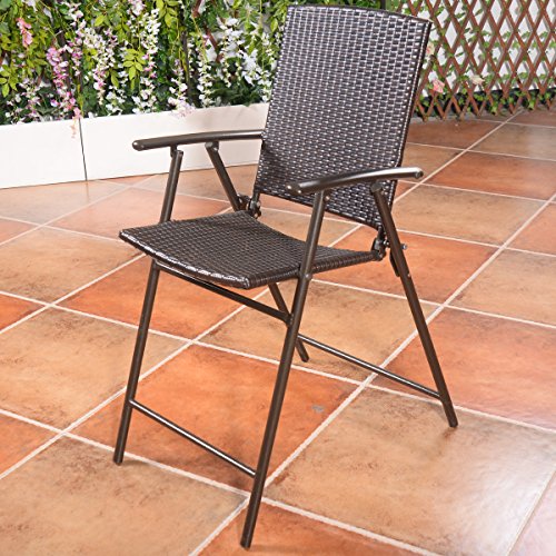 Giantex Folding Wicker Rattan Bar Chairs Tall Stool with Back Steel Frame Portable Outdoor Indoor UV Resistant Barstools Garden Patio Furniture Set w/Armrests Footrest (Set of 4 Rattan Wicker)