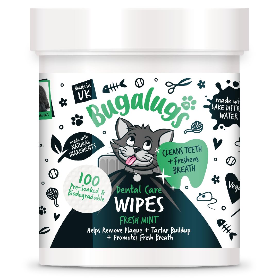 BUGALUGS Cat Breath Freshener Cat Teeth Wipes - Cat Plaque Remover Cat Wipes & tartar remover for teeth. Cat Teeth Cleaning Product No Cat Toothbrush And Paste Brushing Needed (Cat 100 Wipes)