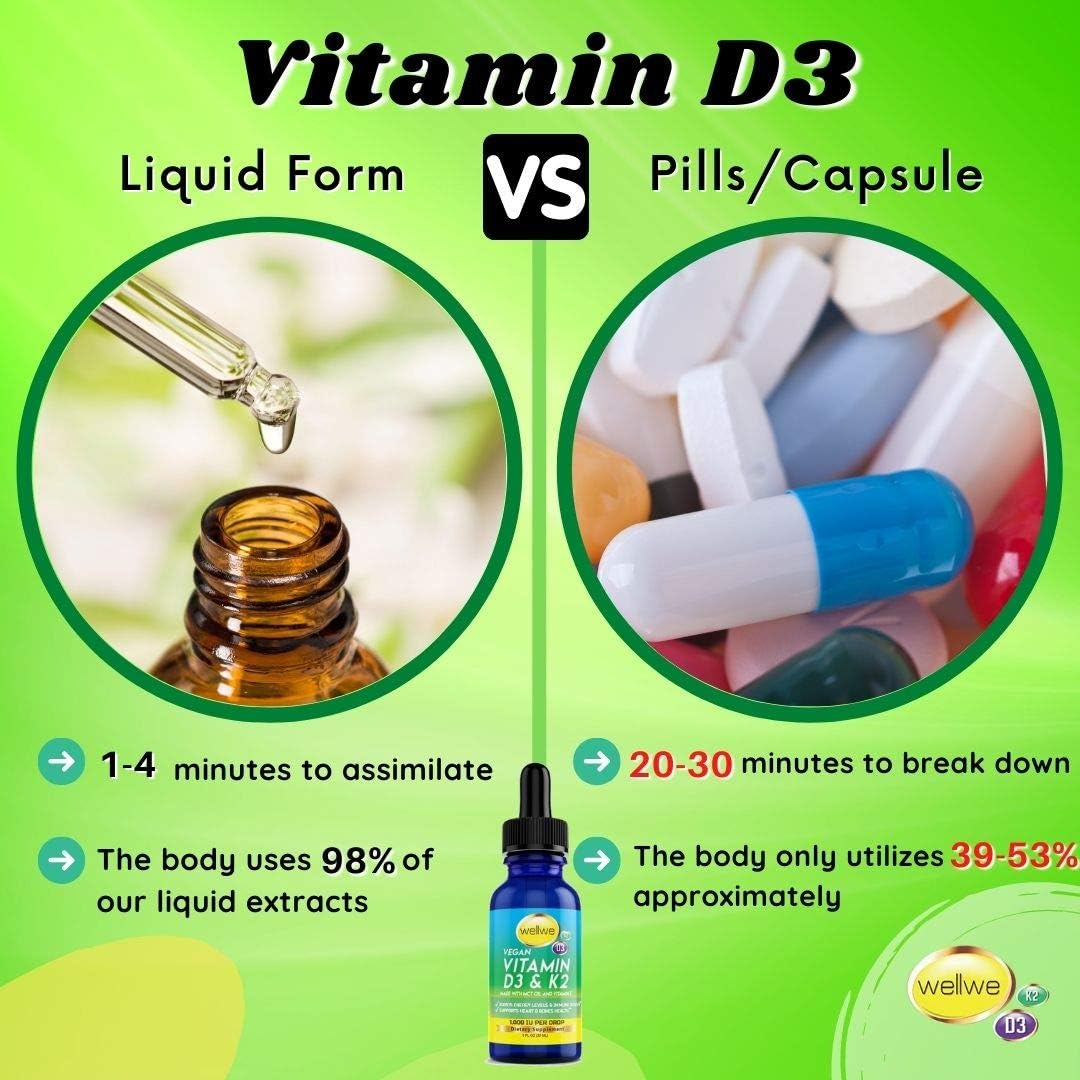 Liquid Vitamin D3 K2 Drops 5000 IU with MCT Oil - Vegan, No Taste, No Odor, Soy-Free, Gluten Free, Non-GMO, 1000 IU per Drop, Boosts Energy Levels & Immune System, Supports Heart & Bones Health (1): Health & Personal Care