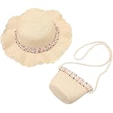 Summer Straw Hat Bag Set, Cute Wide Brim Floppy Beach Sun Hats with Straw Woven Shoulder Bag Outdoor Outfit Set for Girls