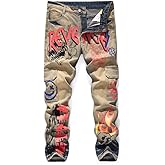 XJJUYIS Men's Straight Slim Jeans Denim Pants Printed Biker Moto Casual Multi-Pocket Male