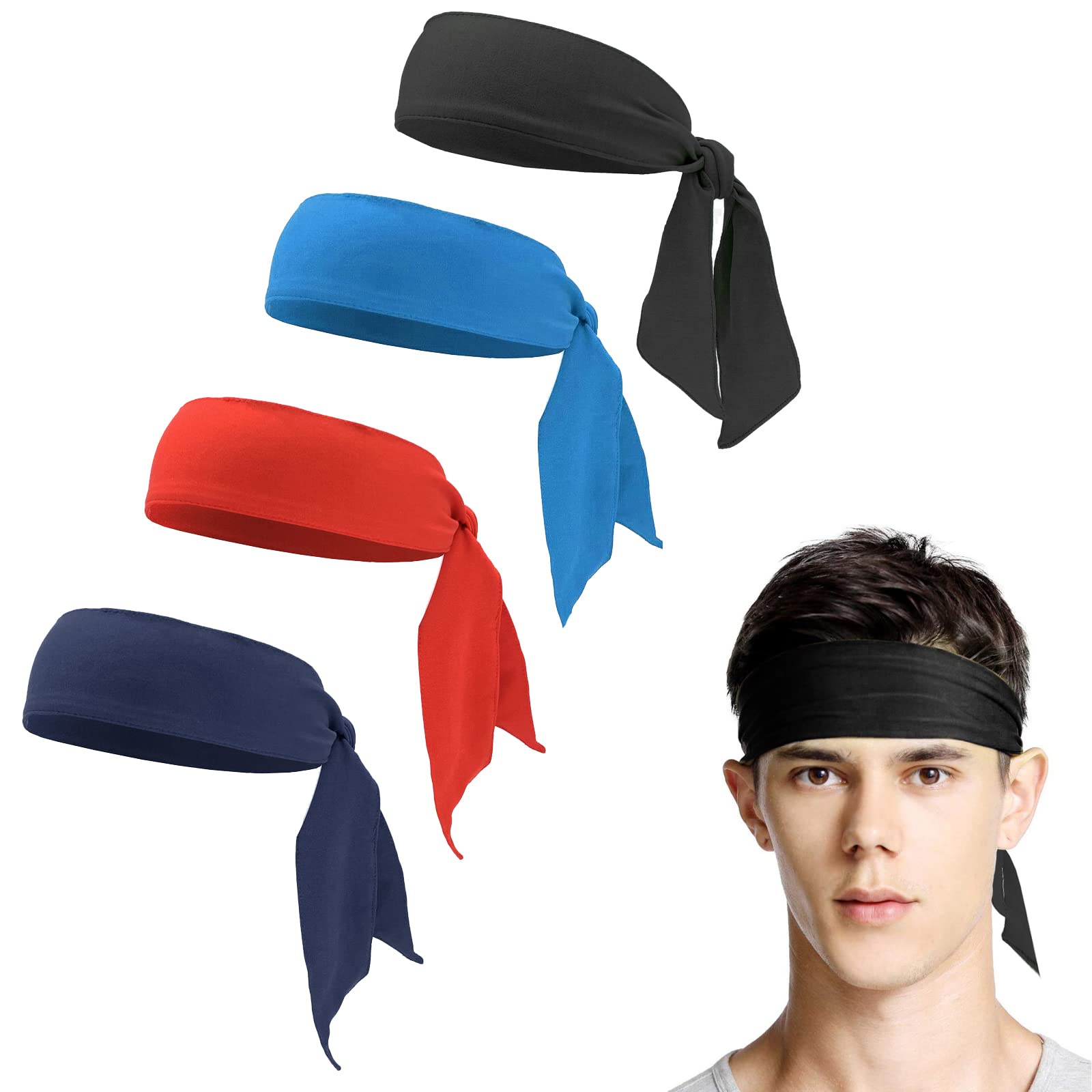 WUDQIJI Sports Headband Pack of 4 Adjustable Sweatband Yoga Hair Band Tennis Tie Headband Stretchy Headbands Sports Sweatband Tennis Bandana Sports Headwear for Men Women