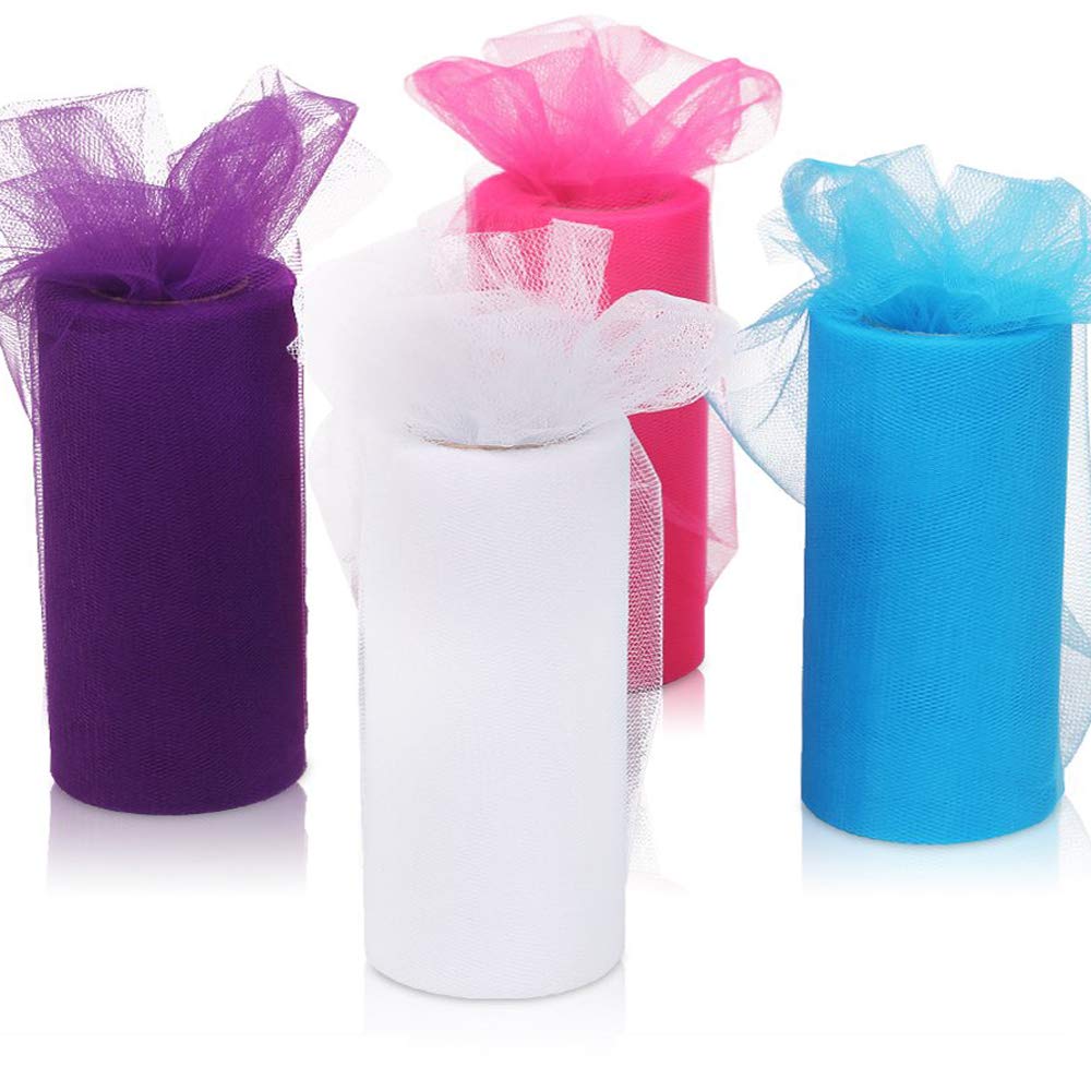 IBEILLI Tulle Fabric Rolls 4 Spools 6in x 25 yards for Craft Wedding Party Decorations Tulle Ribbon Bolt