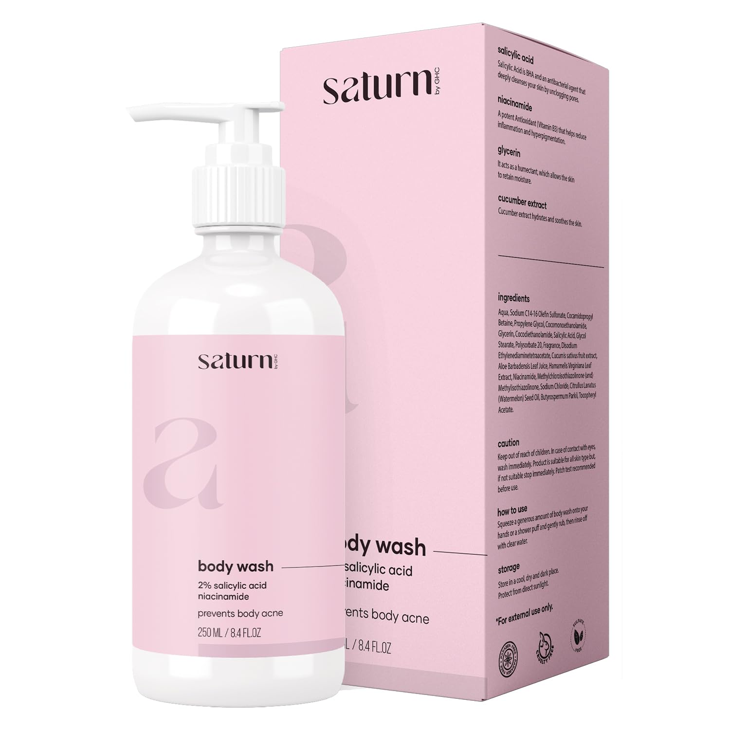 Saturn by GHC 2% Salicylic Acid Body Wash 250ml for Body Acne & Bumpy Skin | Paraben & SLS Free | Gentle Exfoliating Shower Gel - Pack of 1