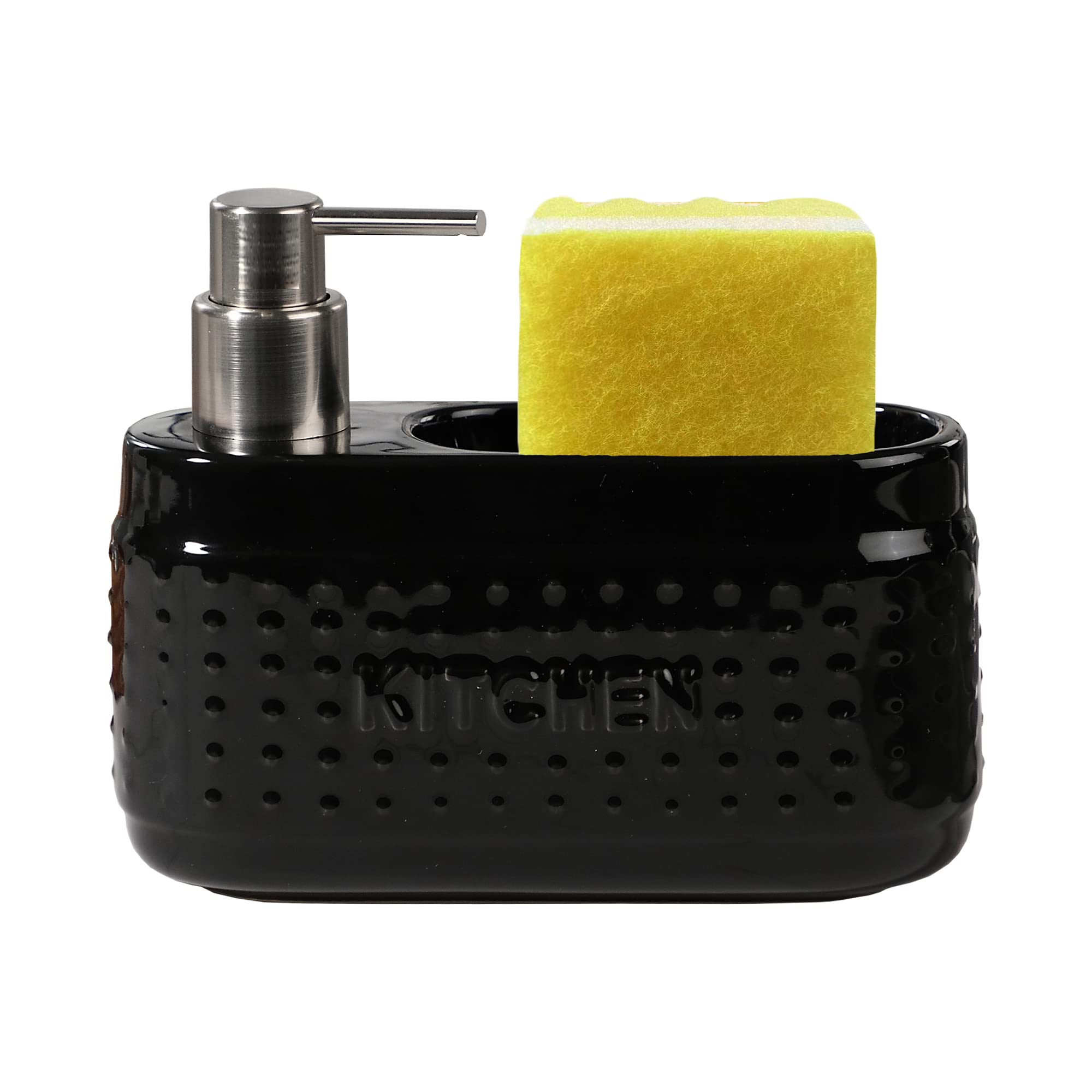 Black Dish Soap Dispenser with Sponge Holder, Large Capacity Ceramic Liquid Soap Dispenser for Kitchen Countertop-600ml