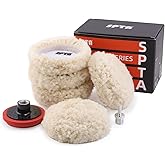 SPTA Wool Polishing Pad, 5Pcs 3"(75mm) 100% Natural Wool Buffing Pad with 1Pc Hook&Loop Backing Pad, 1Pc Extension Shank for Drill Polisher Cutting, Car Body Repair Buffing
