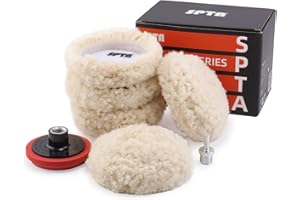 SPTA Wool Polishing Pad, 5Pcs 3"(75mm) 100% Natural Wool Buffing Pad with 1Pc Hook&Loop Backing Pad, 1Pc Extension Shank for Drill Polisher Cutting, Car Body Repair Buffing