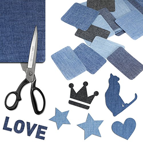 Muscccm 15 Pcs 5 Colors Iron On Sew On Denim Patches For DIY Clothing Jeans Jackets Bags Iron-on Repair Kit 3 Size (5 x 5 Inch, 3 x 3 Inch, 3 x 2 Inch)