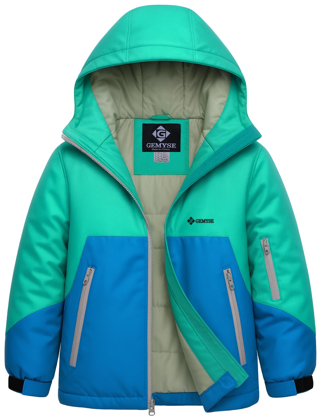 GEMYSE Boy's Waterproof Ski Snow Jacket Windproof Winter Jacket with Hood(Peacock Green & Sapphire Blue,14/16) Image
