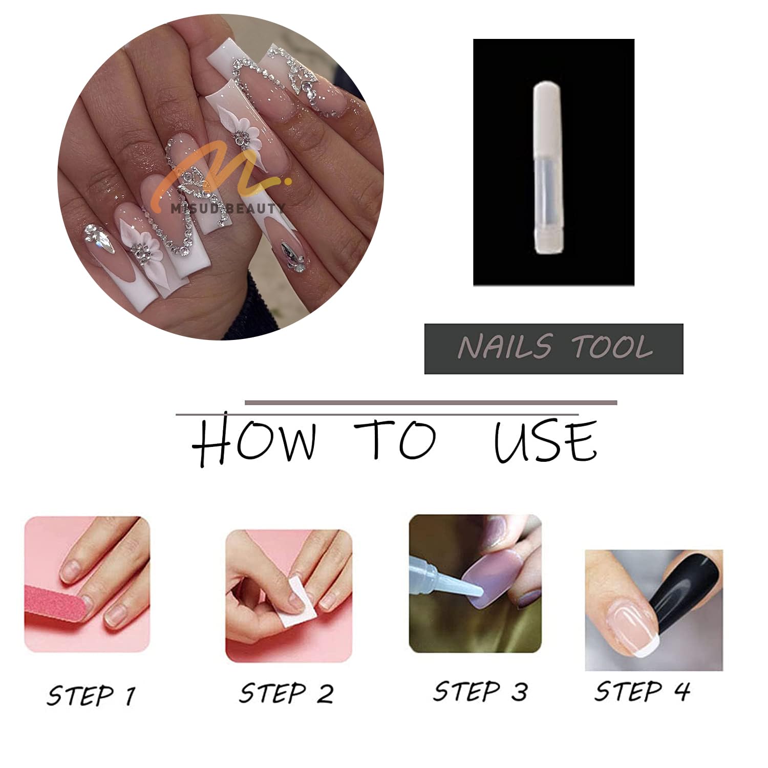 MISUD Long Square Press on Nails Squoval Fake Nails Glossy Glue on Nails White French Tip Acrylic Nails Wedding Artificial Nails Flower Buterfly Rhinestone Stick on False Nails with Design 24 pcs - Image 6