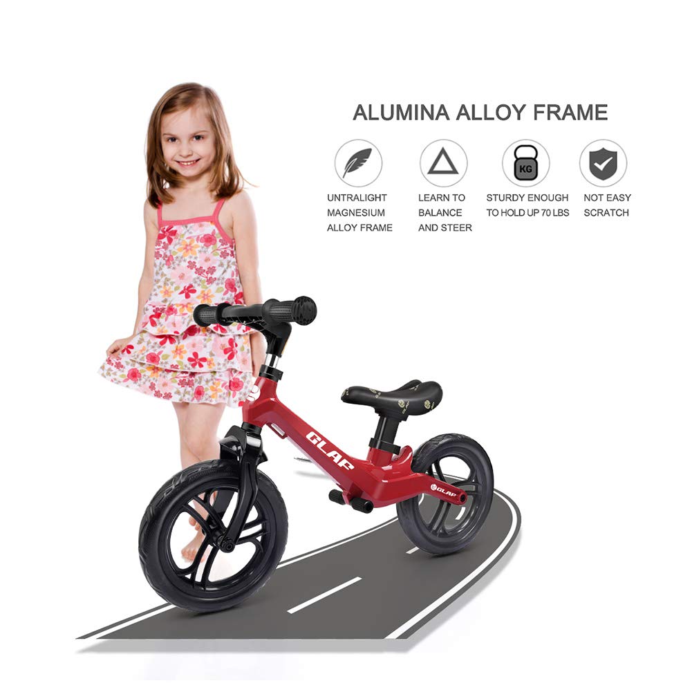 Glaf 12 inches Kids Balance Bike No Pedal Bicycle Walking Bicycle Children Toddler Balance Bike for Kids Adjustable Handlebar and Seat Training Running Bicycle for Ages 17 Month-5 Years Old (Red)