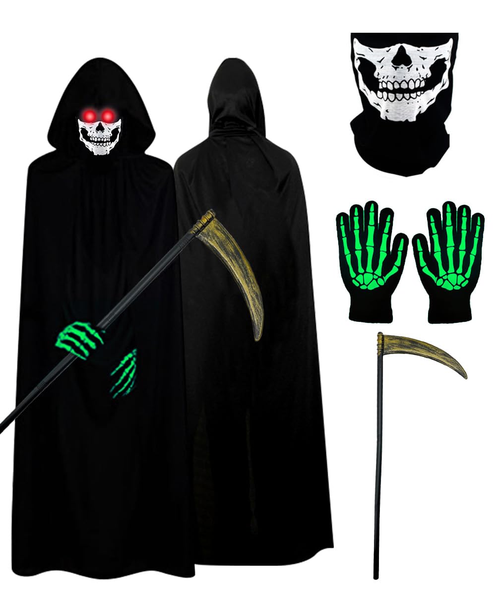 Mineup Grim Reaper Costume Kids Adult, Halloween Fashion Dress Black Cloak Set, Black Polyester Hooded Cloak Skull Face Mask Skull Gloves Sickle Accessories for Halloween Cosplay Decor (170-190cm)