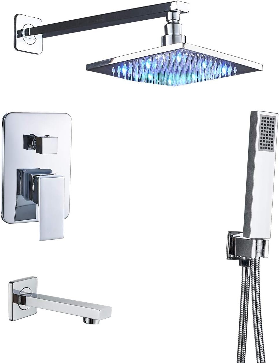 Home & Garden Chrome Bathroom Square Rainfall Shower Head Tub Mixer Faucet& Hand Held Spray