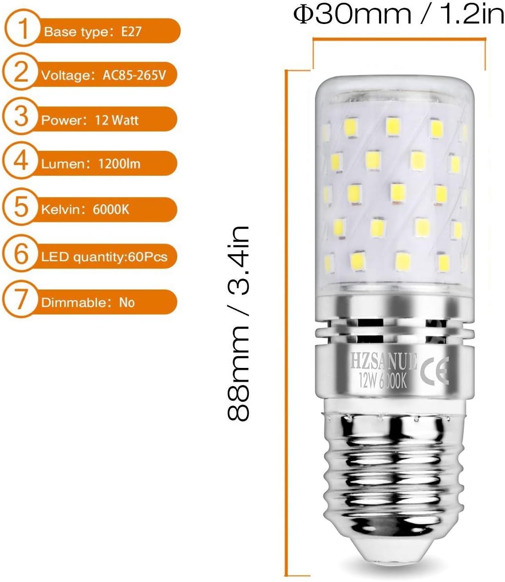 HZSANUE E27 LED Corn Bulbs 12W, 6000K Daylight White, 1350LM, Edison Screw Bulbs,100W Incandescent Bulbs Equivalent,Pack of 4 - Image 3