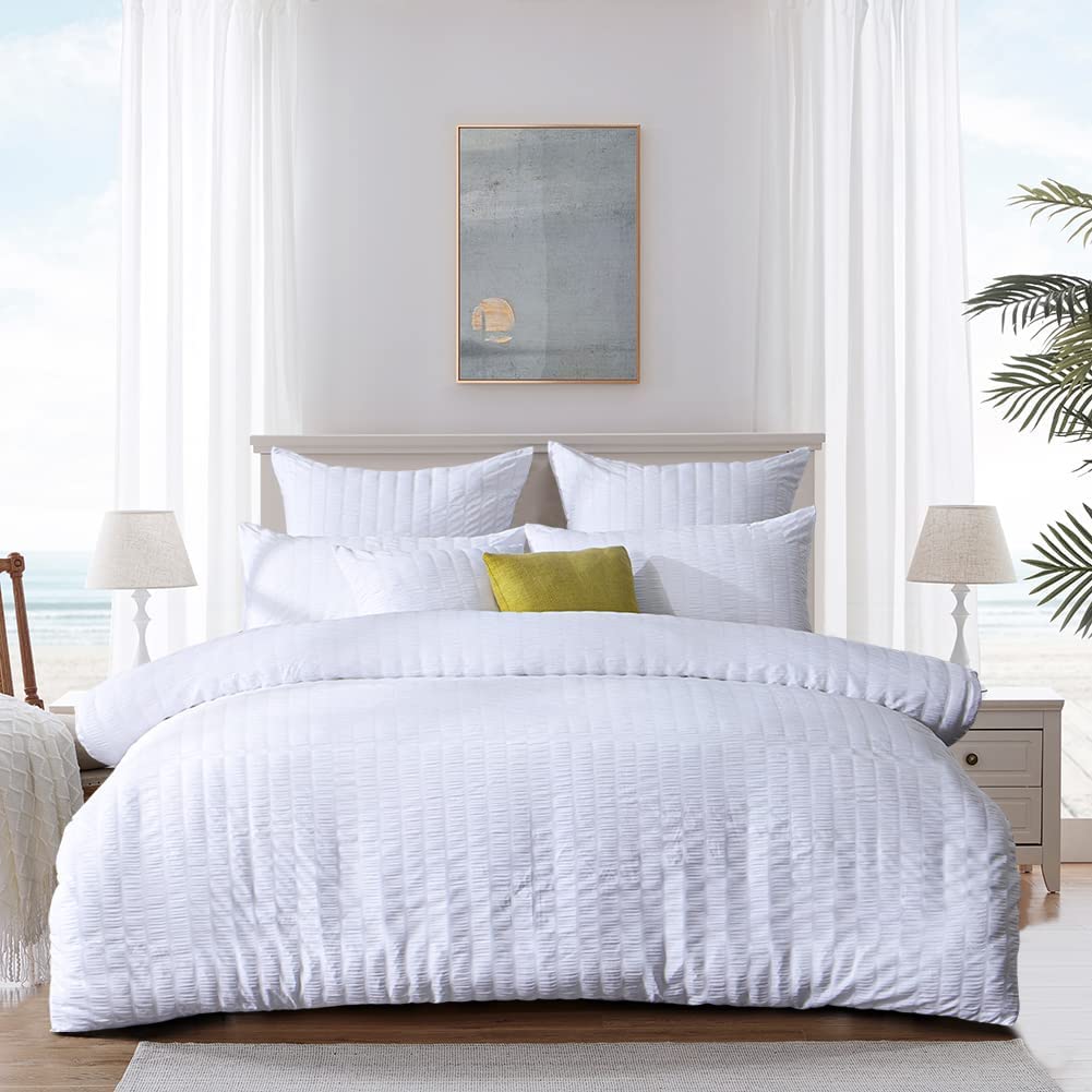 MK Home Textile Seersucker Duvet Cover Set Super King Bedding Sets with Pillow Cases 100% Cotton Hotel Quality White Silver Charcoal Pink Grey Quilt Covers Double King SuperKing