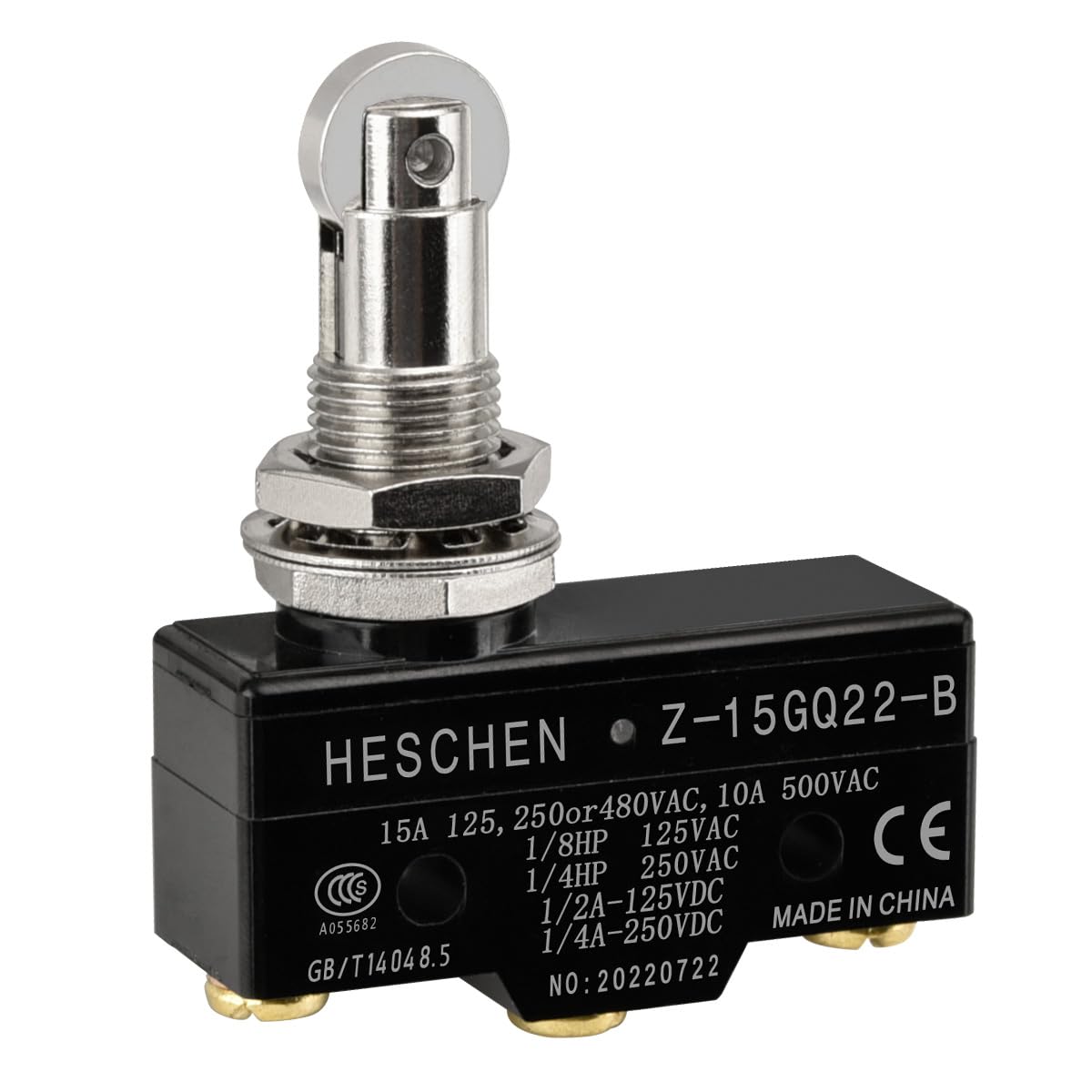 Heschen Micro Switch, Z-15GQ22-B, Panel Mount Roller Plunger, Momentary Type, 3 Screw Terminal, 15A Rated Current