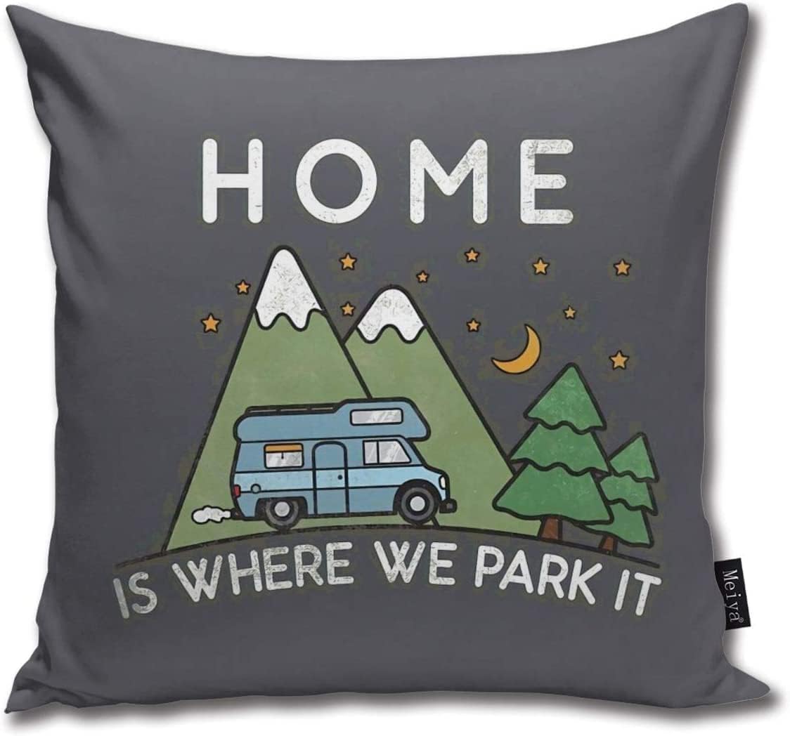 QMS CONTRACTING LIMITED Throw Pillow Cover Camping Home Is Where We Park It Campervan Gift Decorative Pillow Case Home Decor Square 18x18 Inches Pillowcase