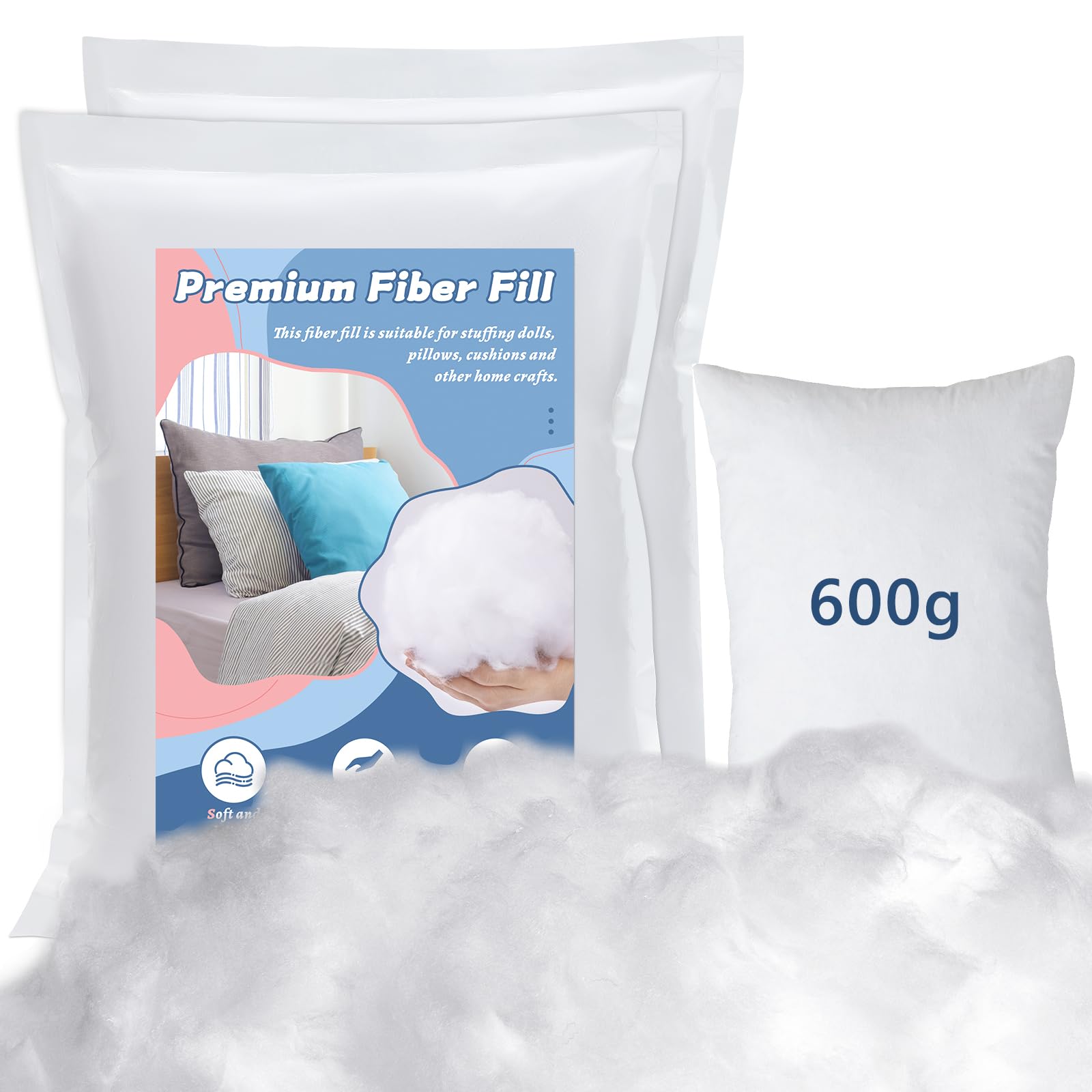 luokefe 600g/1.32lb Pillow Stuffing, Polyfill Stuffing for Cushion Crafts, Soft Polyester Poly Filling for Crafts Crochet, Pillow Cushion Quilt Filler DIY Polyfill Stuffing