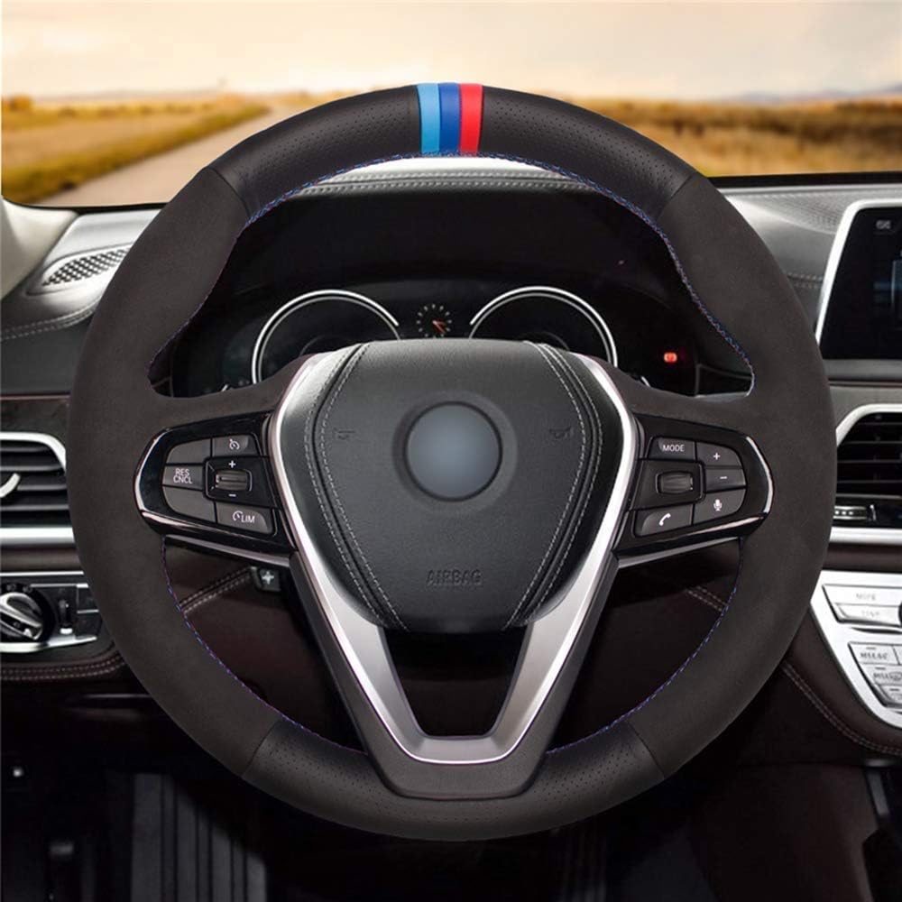 Car Steering Wheel Cover Black Genuine Leather Suede (Color : A)