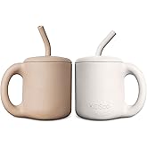KIDSco. Silicone Sippy Cups (2 Pack) – Soft Straws & Open Training Cups for Babies 6+ Months | Easy Grip Handles, Unbreakable BPA-Free Silicone, Leak-Resistant, Dishwasher Safe (Oat and Tan)