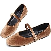 Hee grand Velvet Flats for Women Retro Square Toe Mary Jane Shoes Comfortable Buckle Strap Ballet Flats,Brown 9