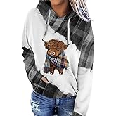Highland Cow Hoodie Women Cute Funny Graphic Print Hooded Sweatshirt Cowgirl Long Sleeve Pullover Tops Shirt