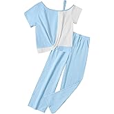 Sislerew Girls Clothes Twist Knot Color Block Loose Fit Cold Shoulder Top + Solid Color Wide-lege Pants Girls Spring Clothes