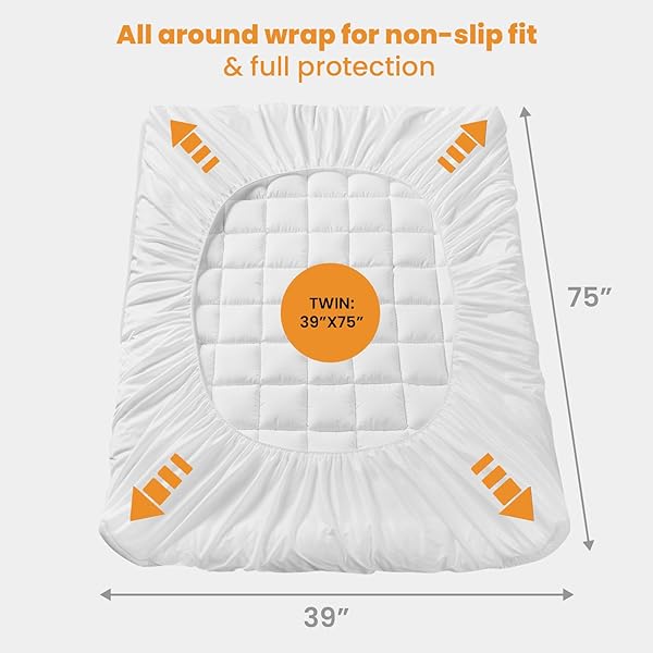 MATBEBY TWIN SIZE MATTRESS PAD – COOLING BREATHABLE MATTRESS TOPPER, QUILTED FITTED MATTRESS PROTECTOR, PILLOW TOP MATTRESS COVER WITH 8-21″ DEEP POCKET, SOFT, MACHINE WASHABLE, WHITE, 39X75 INCHES