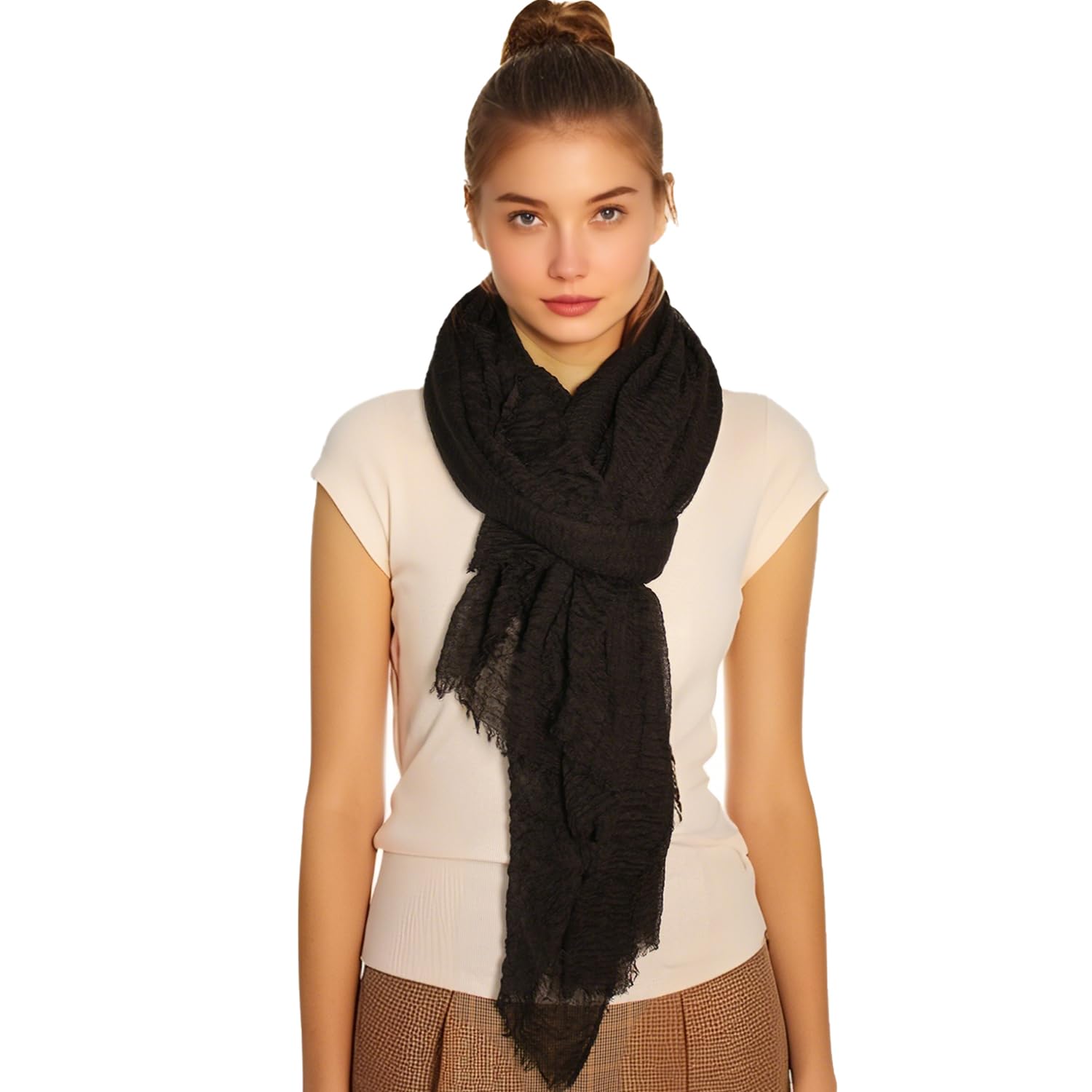 Photo 1 of HeiDmai Unisex Cotton Blend Crinkle Vintage Soft Scarf with Fringed Edges 35" × 70" (Black)
