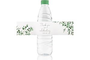 URROMA Wedding Water Bottle Labels Thank You, 100Pcs Greenery Water Bottle Wraps Eucalyptus Leaf Wraparound Labels Water Bottle Stickers for Birthday Bride Shower