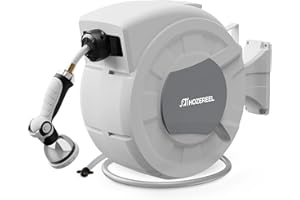 100 FT x 1/2" Retractable Garden Hose Reel by HOZEREEL, Decorative Outdoor Garden Hose Reels - Automatic Self Retract Wall Mount Hose Reel Enclosed Storage, Any Length Lock, 10 Pattern Nozzle-Grey