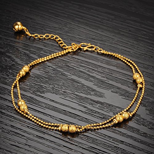 Women's Anklet Bracelet 18k Gold Plated Double Row Beads Grind Arenaceous Bead Pendants Foot Chain Adjustable L7.87"