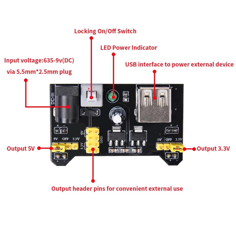 Electronics Component Fun Kit w/Power Supply Module, Jumper Wire, 830 tie-Points Breadboard, Precision Potentiometer,Resistor Compatible with Arduino, Raspberry Pi, STM32
