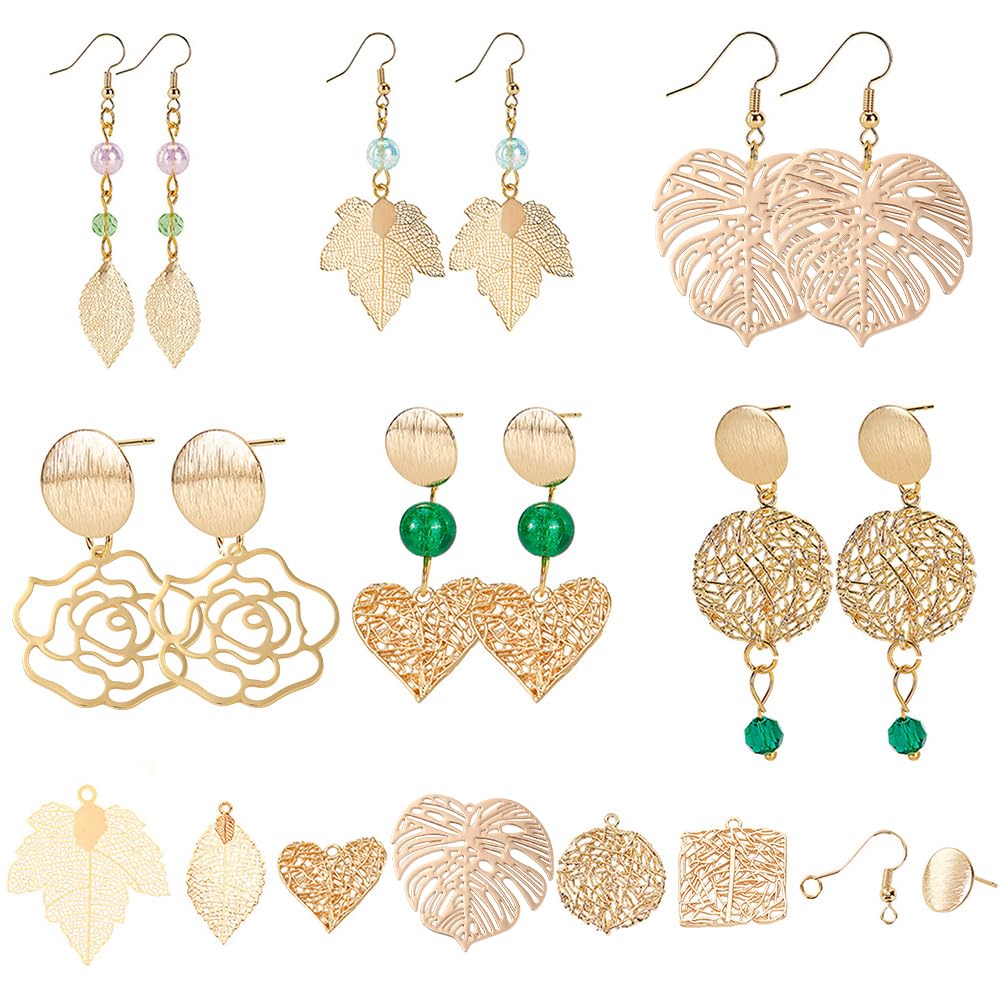 SUNNYCLUE 1 Box DIY 6 Pairs 18K Gold Plated Filigree dangle earrings Making Kit Bohemian Jewelry Findings Leaf Teardrop Flat Round Pendants Charms for Women DIY Earring Jeweller Making