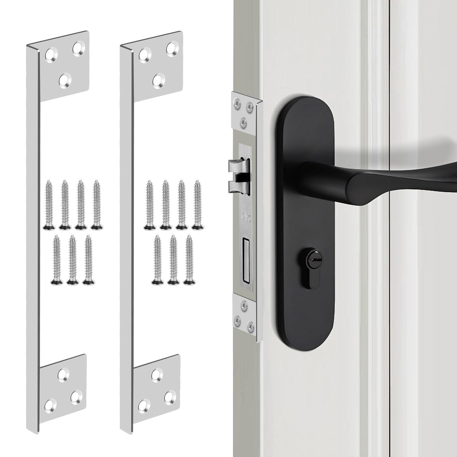 Photo 1 of L-Shaped Security Reinforcement Striker Plates Stainless Steels Outswing Door Security Protector Door Latch Guard Extra Security Home Security Door Latch Cover to Block Access Silver (7in-2pcs)