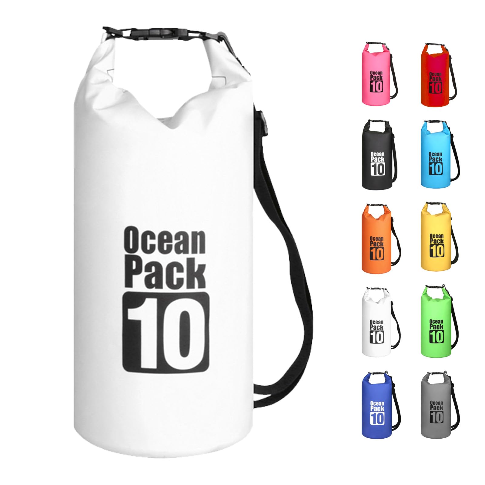 MORAINJAY 10L White Dry Bag,Waterproof Bag with Single Adjustable Shoulder Strap,Middle Capacity Dry Sack 2L 5L 10L 15L 20L 30L for Outdoor Camping,Rafting,Swimming,Boating,Surfing