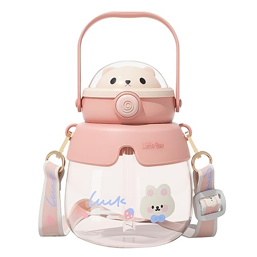 Kawaii Cute Bear Water Bottle with Straw and Strap 850ml Cute Sport Water Bottle Bear Drinking Mug Leakproof BPA-Free Portable Drinking Cup for Travel School Office (Pink)