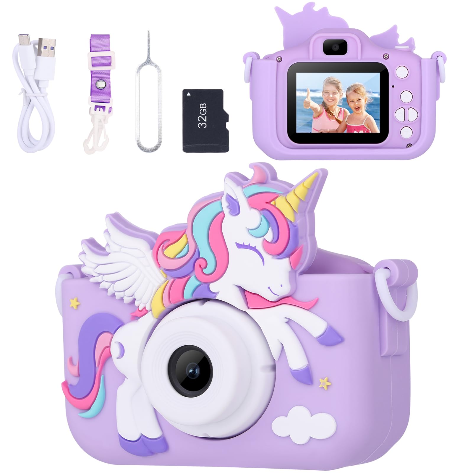Photo 1 of Envyvip Unicorn Toys Camera for Kids Girls Age 3-8, Toddler Kids Digital Camera Christmas Birthday Gifts for 3 4 5 6 7 8 Years Old Girl, Cute Selfie Video Camera, HD 1080P, 32GB SD Card, Purple