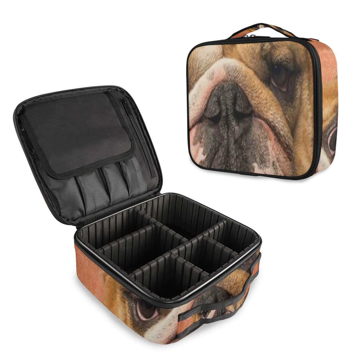 SLHFPX BulldogTravel Makeup Case Cosmetic Bag Box Professional Train Case Large Make Up Storage Organizer with Removable Dividers & Brush Section for Women Girls Hard Shell