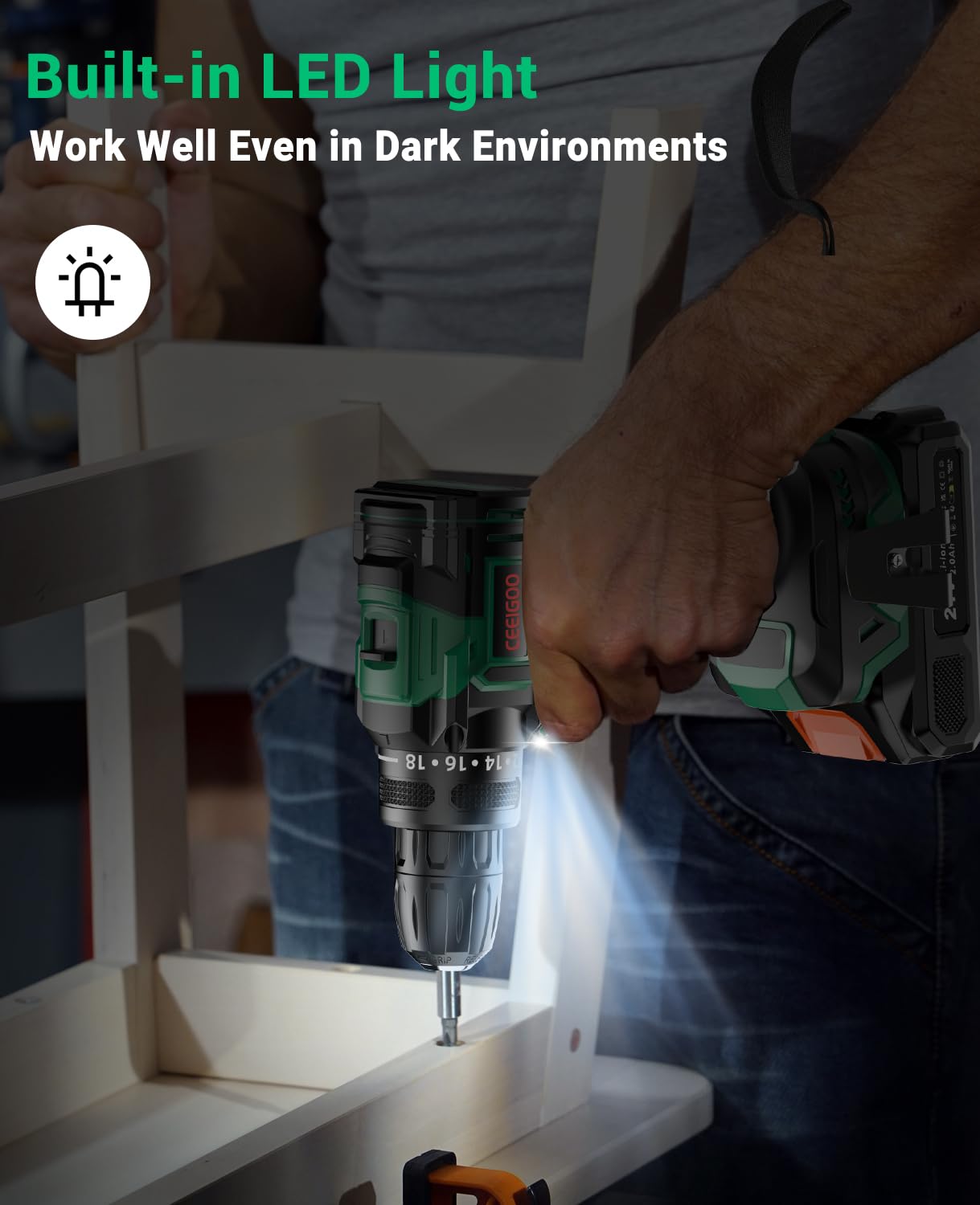 Akkuschrauber Bürstenlos 21V, CEEIGOO Akku Bohrschrauber mit Akku 2000mAh, 42N.m Akku Bohrmaschine, 2 Gang, 18+1 Drehmomentstufen, LED Licht, 20 tlg Zubehöre Set für Haus und Garten DIY Projekt 5